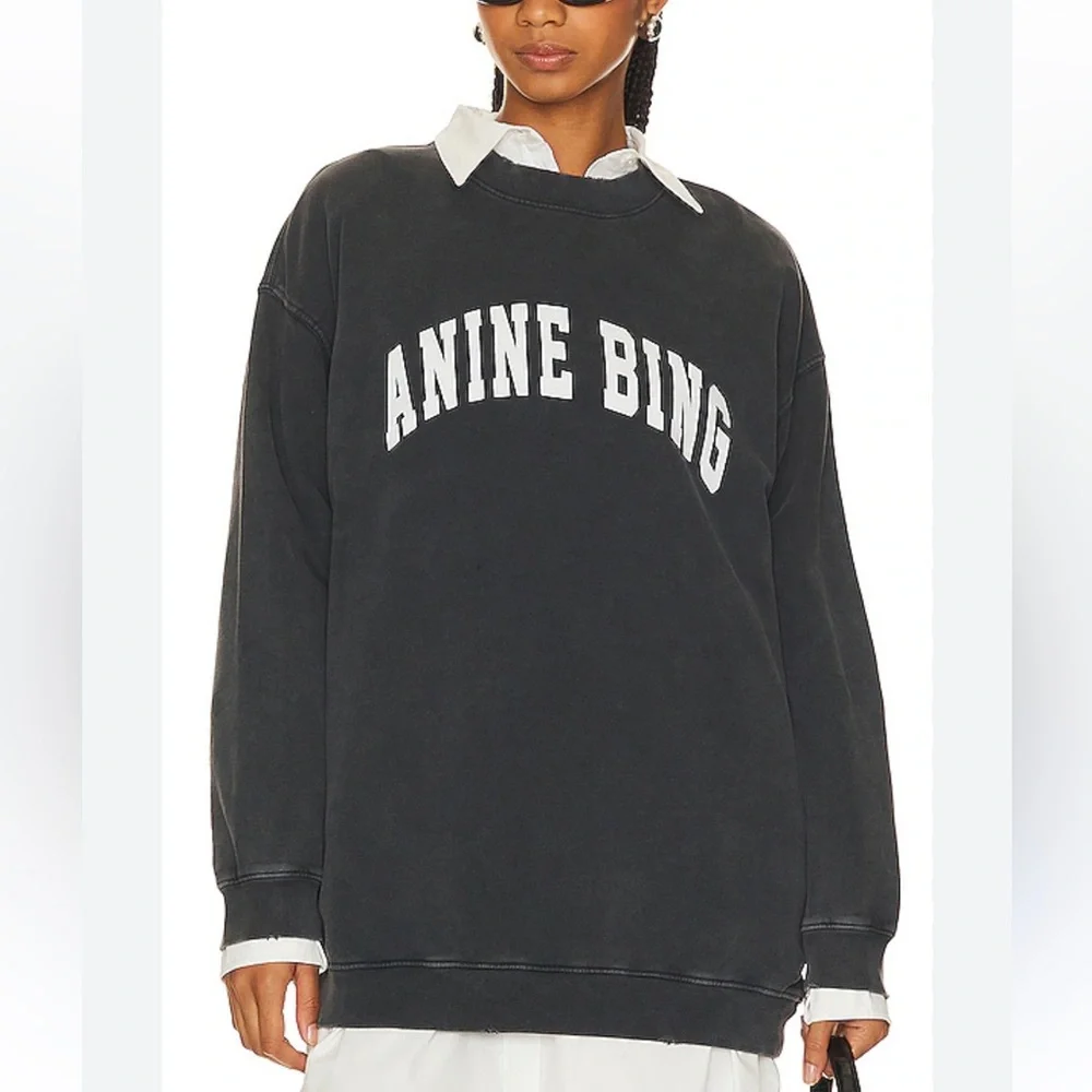 Anine Bing Tyler Cotton Logo Washed Black Crew Neck Sweatshirt-Scandi Girl Style - Picture 11 of 16